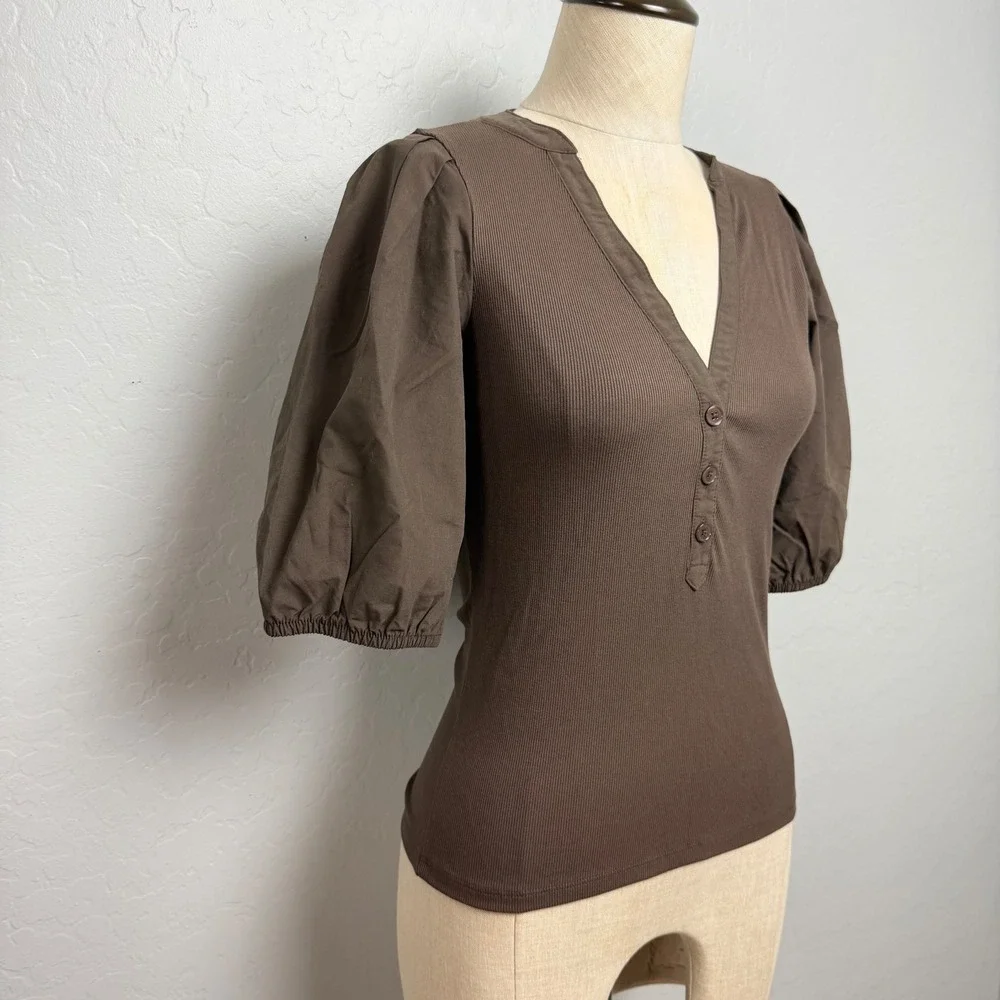 NEW Madewell Brown Ribbed Puff Sleeve Henley Top NW195 XS